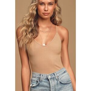 Lulus Basics Talula Tan Ribbed V-neck Cami Bodysuit Brown - Size L